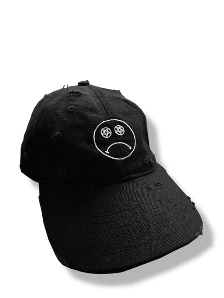 DESTROYED & PIERCED Pentacle Sad Face Cap - White on Black